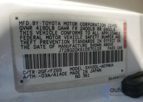 2001 Toyota Camry Ce z USA, uszkodzony, nr VIN JT2BG22K610570125